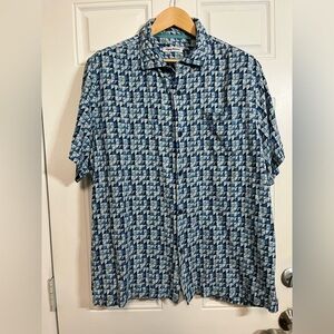 2/$40 Tommy Bahama Blue and White Geometric Silk Shirt XL